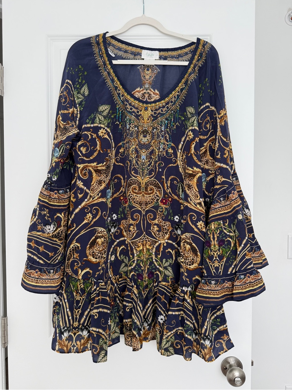 Camilla Navy and Gold Print Mini Dress